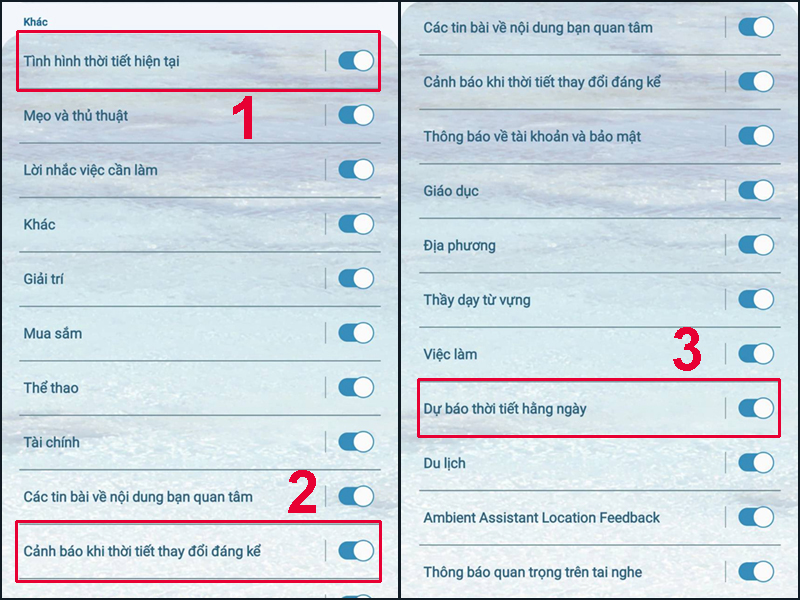 Gạt các thanh công tắc sang phải để bật thông báo thời tiết